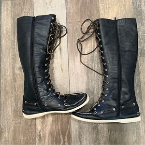 Sperry Topsider Tall Knee High Lace Up Leather Black Boat Boots Size 9.5 VTG